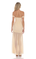 Mesh Off Shoulder Ruched Maxi Dress in Beige