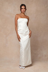 Melva White Satin Jacquard Two-Piece Bustier Maxi Dress