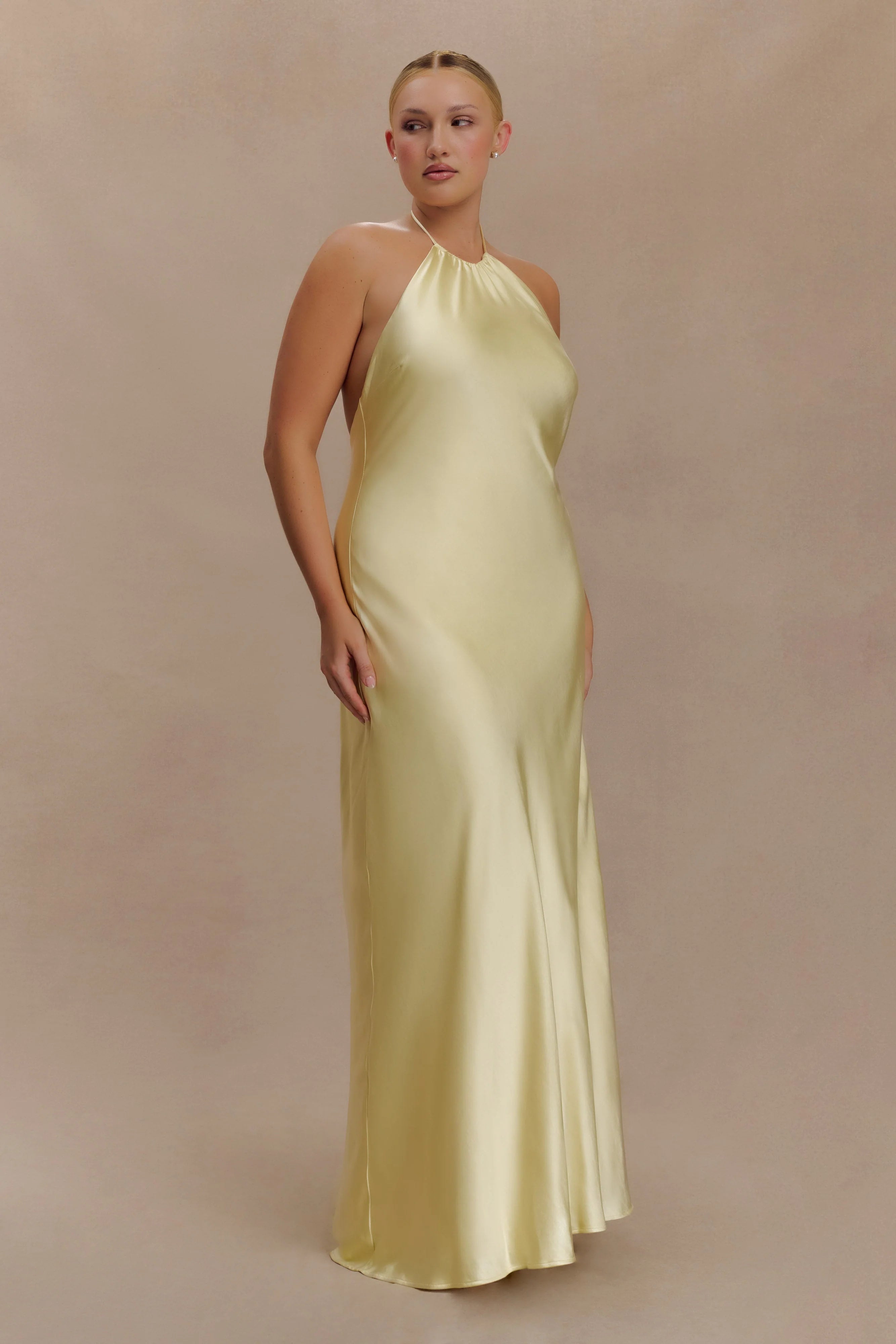 Bella Satin Halter Maxi Dress - Lemon