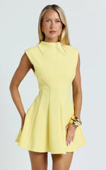 High Neck Sleeveless Fit And Flare Dress in Lemon