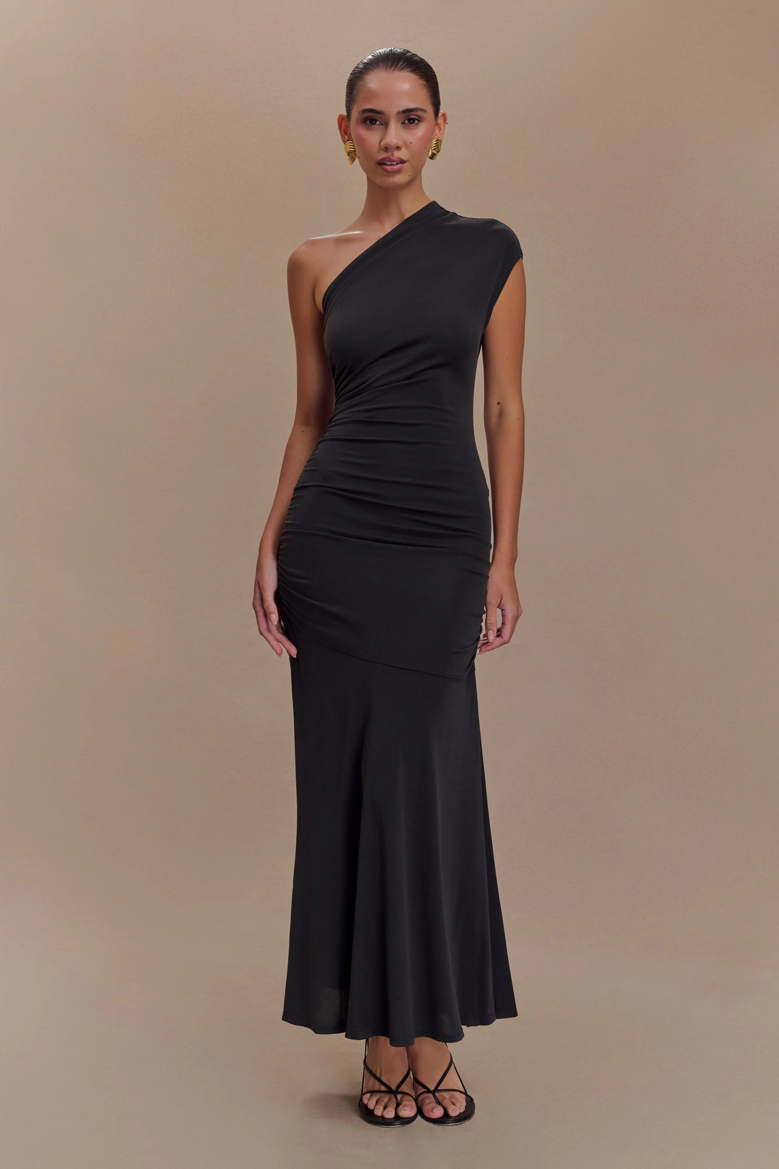 Chloe Peached Jersey One Shoulder Midi Dress - Black