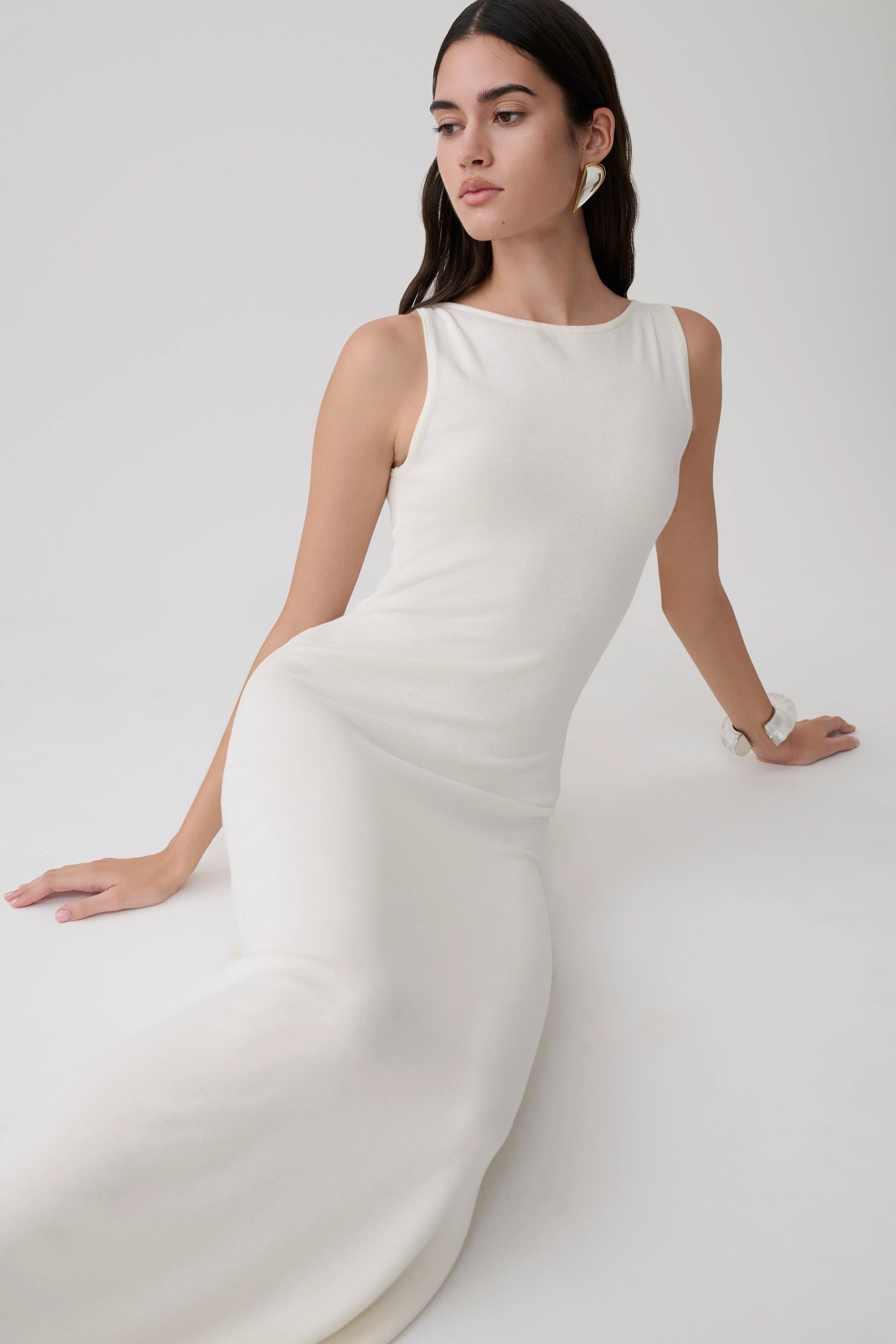 Boston Boat Neck Sleeveless Midi Dress - Ivory