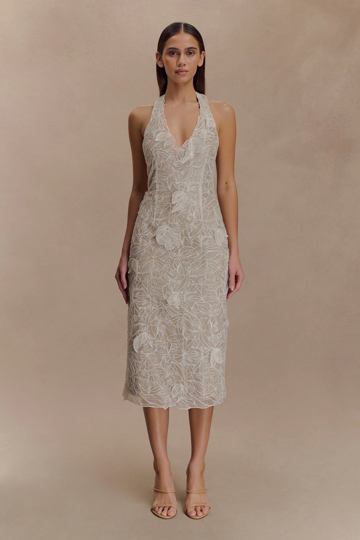 Lenore Silk Lace Halter Midi Dress - Ivory