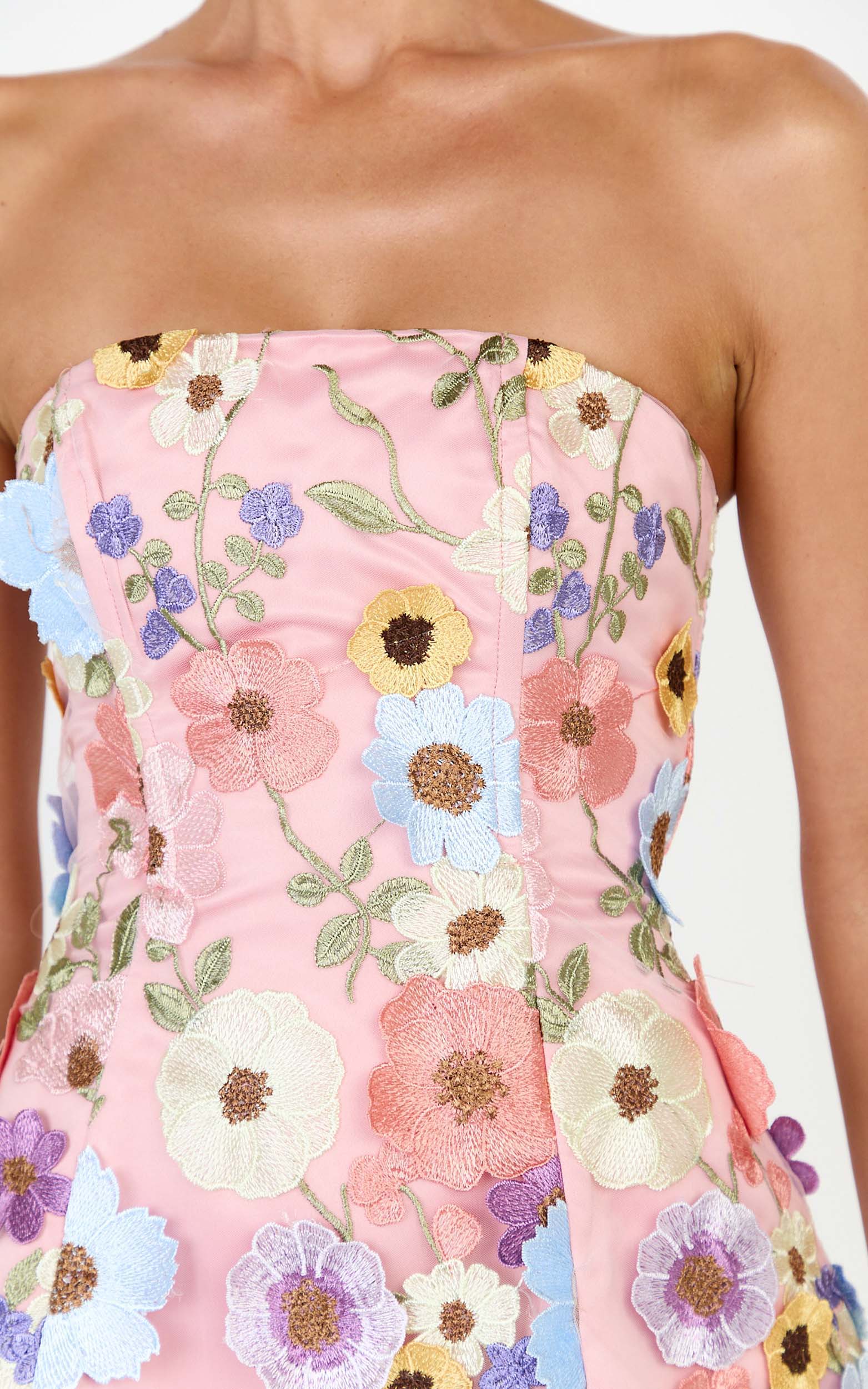 Strapless 3D Floral Fit And Flare Dress in Multi