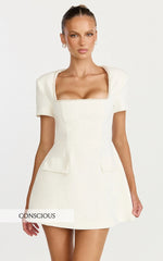 Short Sleeve Pearl Trim Square Neck Tulip Dress in White