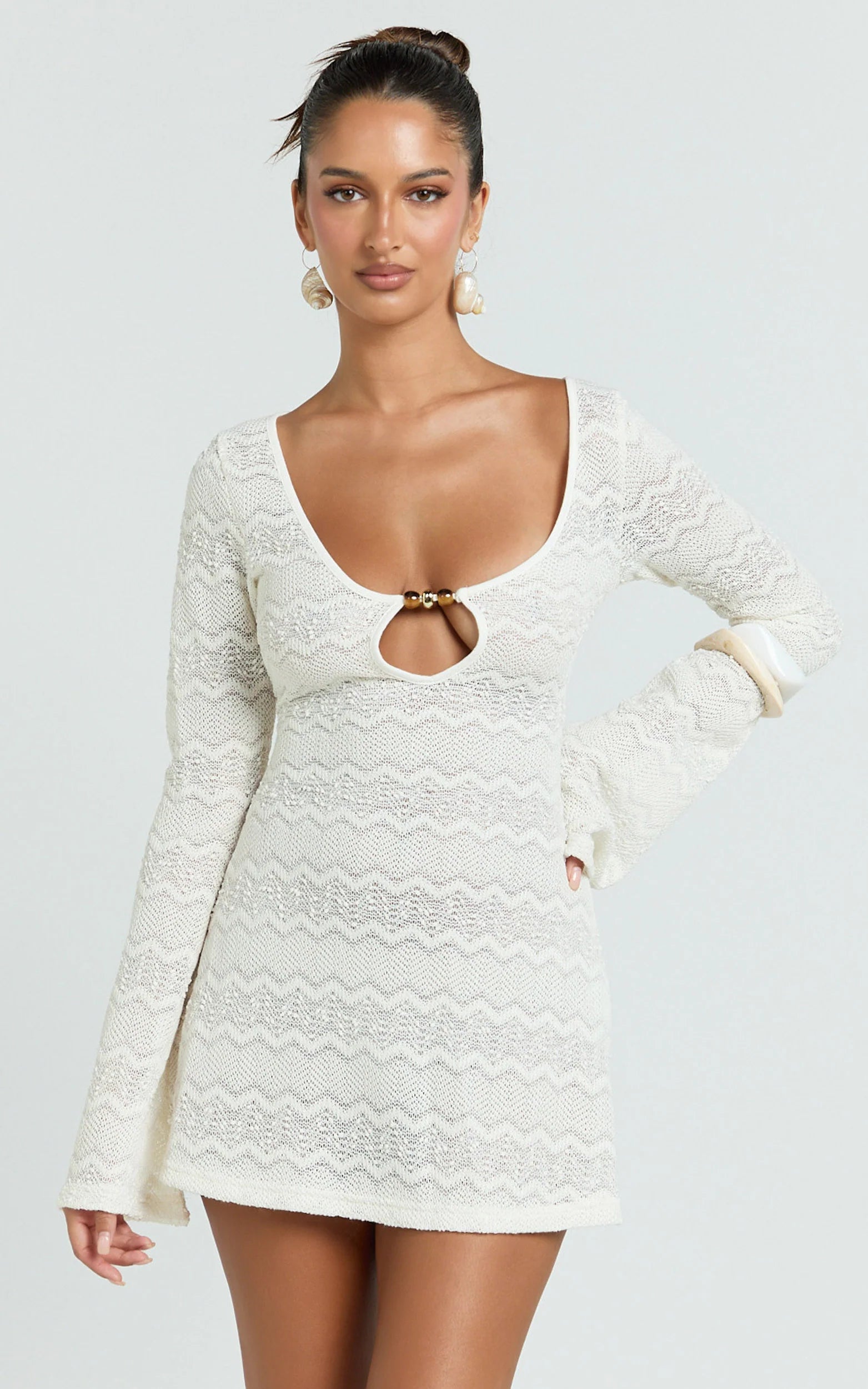 Beaded Keyhole Neckline Long Sleeve Dress in Ivory