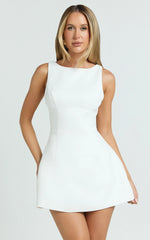 Boucle Boat Neck V Back Fit and Flare Dress in White
