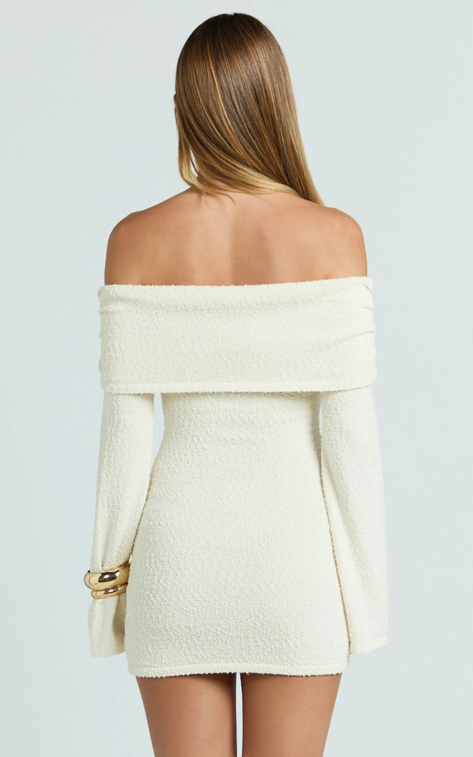 Knitted Off Shoulder Tie Waist Mini Dress in Cream